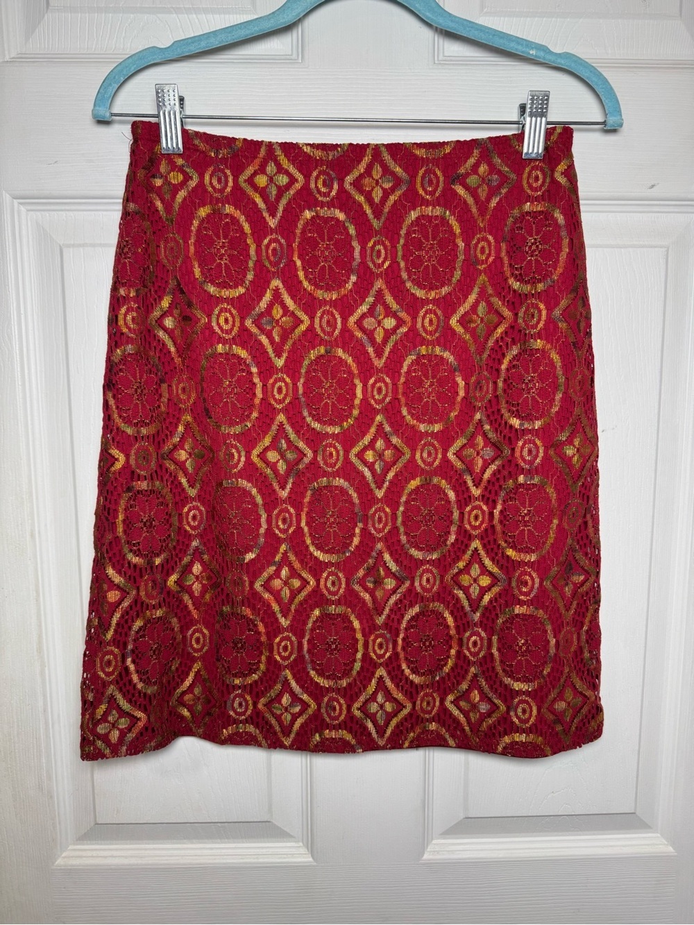 Vintage Express Red Gold Embroidered Floral Medallion Floral Mini Skirt Bohemian